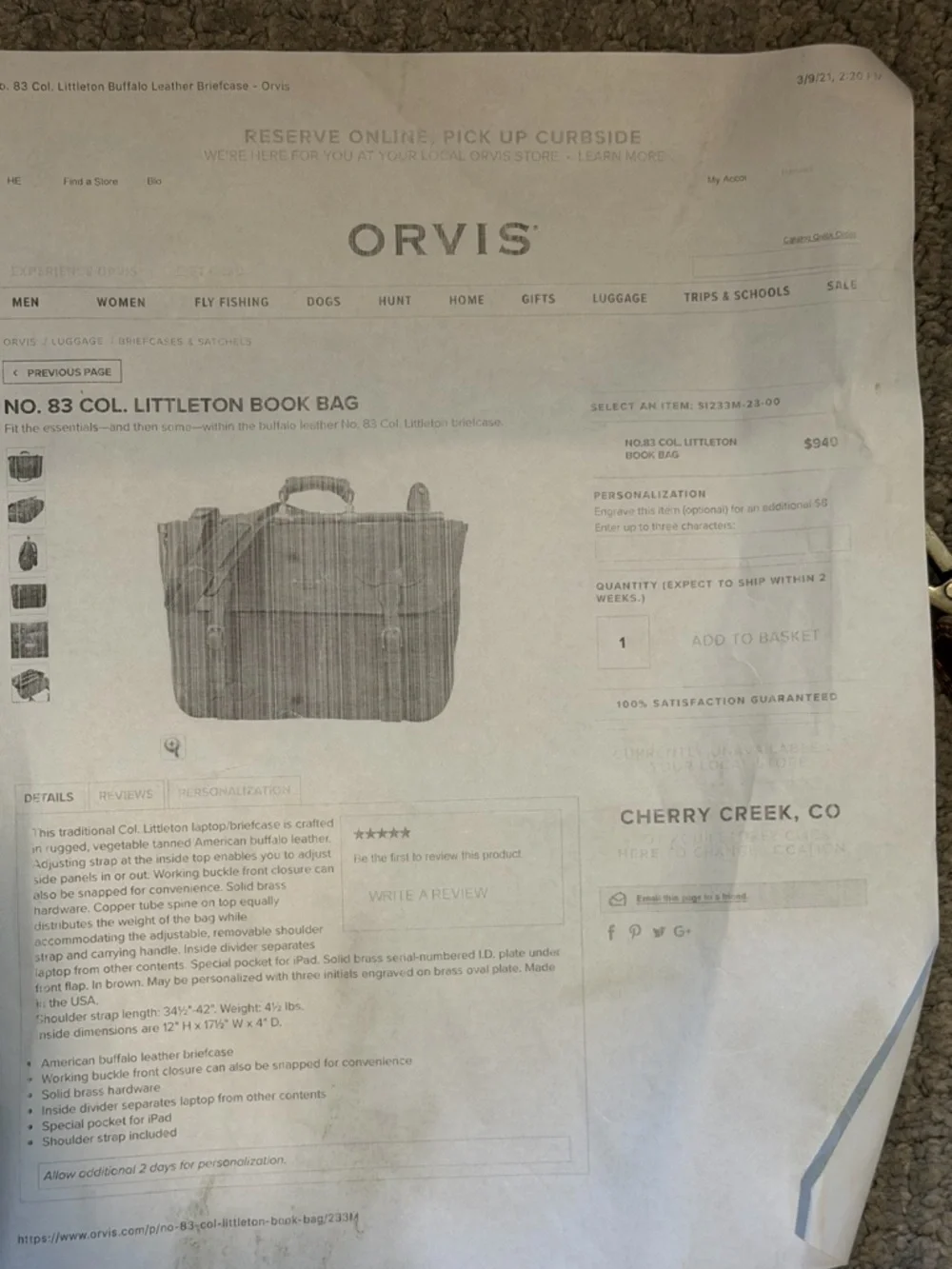 Orvis Classic Brown Leather Briefcase w/ Brass Hardware Book Bag
